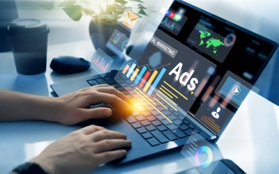 Google-Ads-Motiv mit Laptop, Diagrammen und dem Schriftzug Ads
